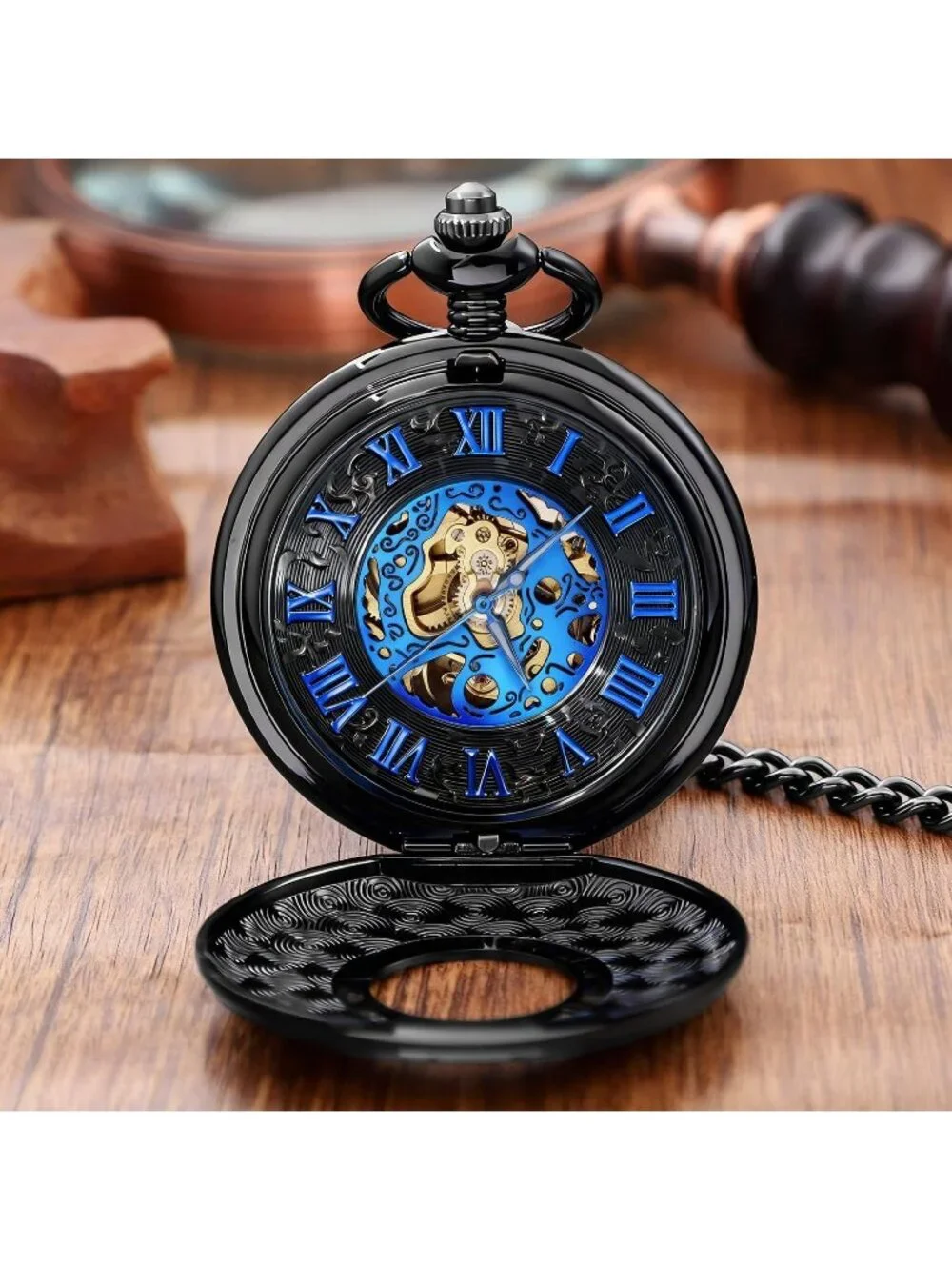 Men's Black Vintage Style Hollow-Out Round Gear Arabic Mechanical Pocket Watch